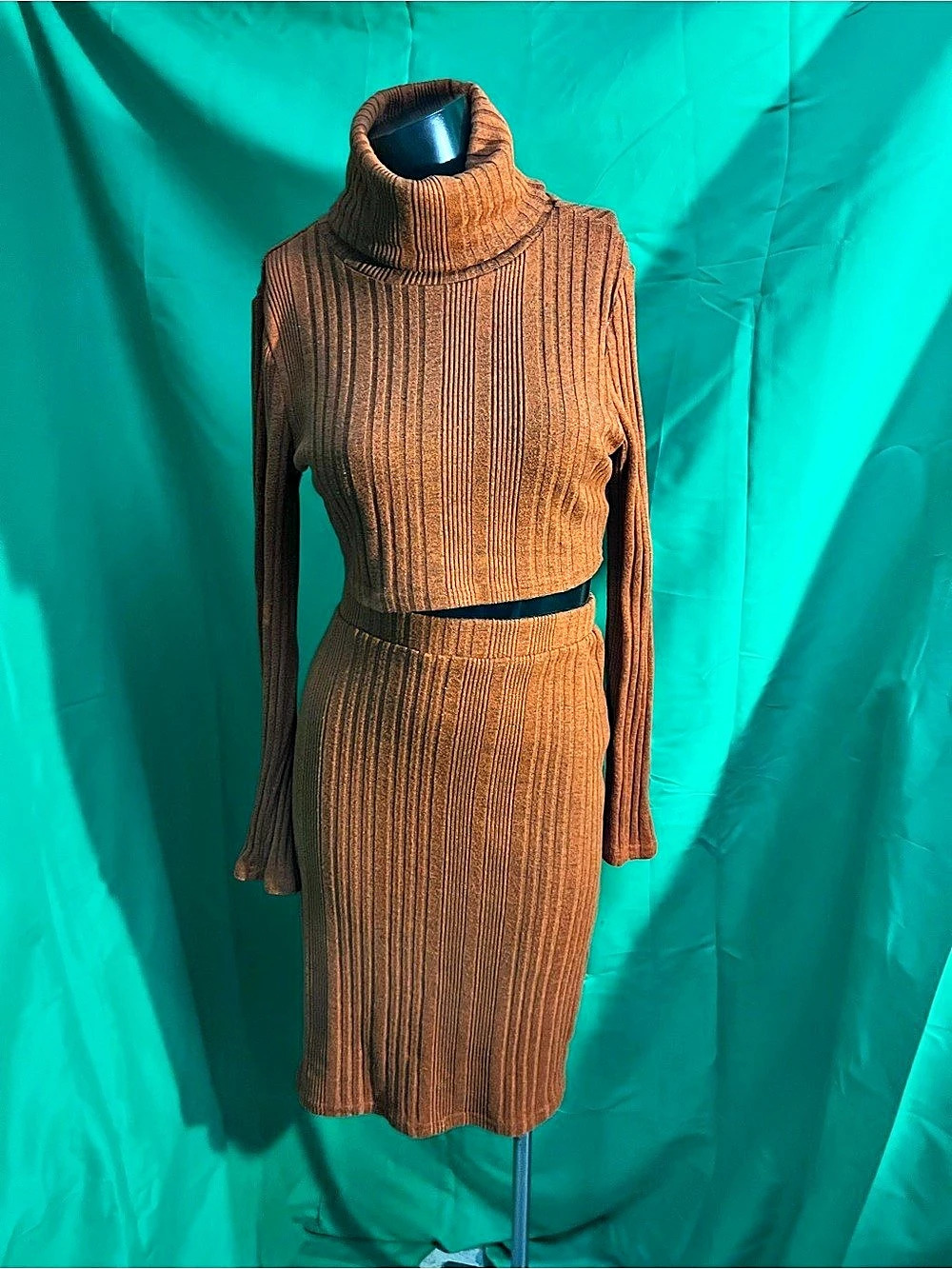 SHEIN Ribbed Turtleneck Midi Dress in Brown Size Large